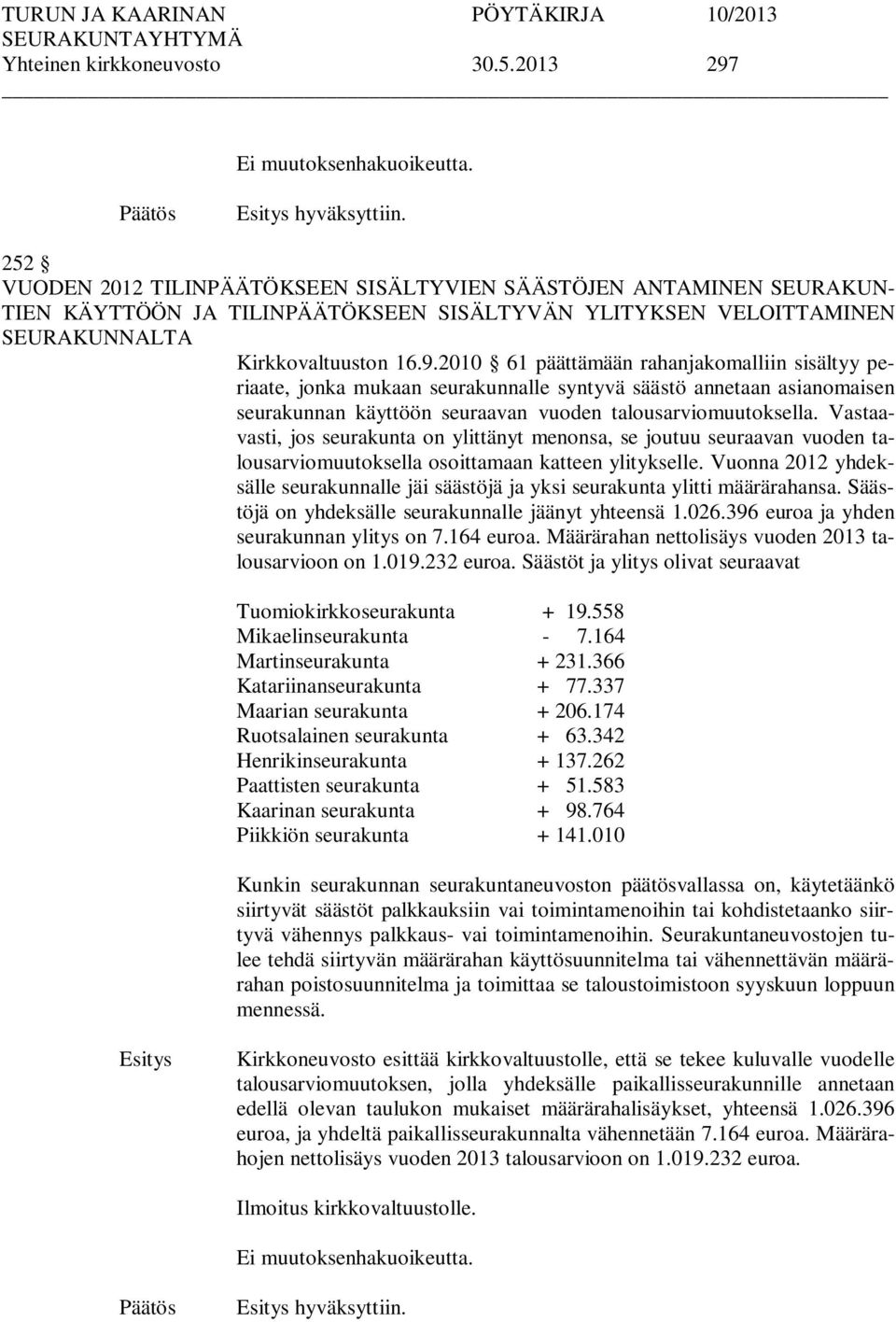 2010 61 päättämään rahanjakomalliin sisältyy periaate, jonka mukaan seurakunnalle syntyvä säästö annetaan asianomaisen seurakunnan käyttöön seuraavan vuoden talousarviomuutoksella.