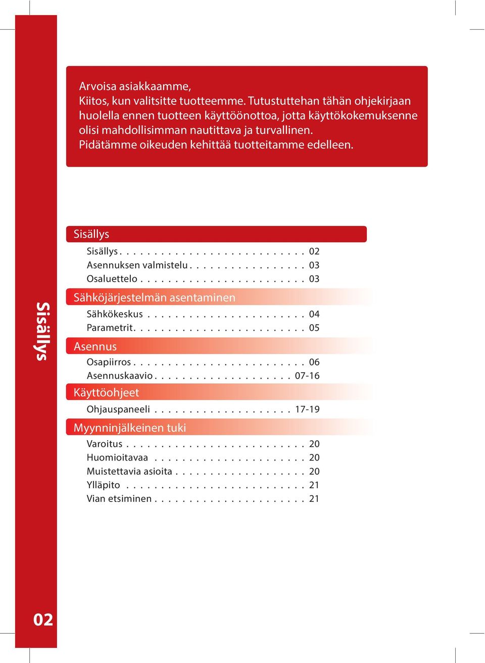 ....................... 03 Sisällys Sähköjärjestelmän asentaminen Sähkökeskus....................... 04 Parametrit......................... 05 Asennus Osapiirros......................... 06 Asennuskaavio.