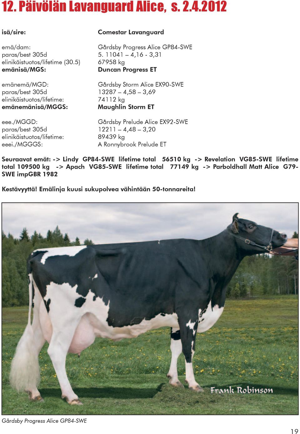 /mggd: Gårdsby Prelude Alice EX92-SWE paras/best 305d 12211 4,48 3,20 elinikäistuotos/lifetime: 89439 kg A Ronnybrook Prelude ET Seuraavat emät: -> Lindy GP84-SWE lifetime total 56510 kg