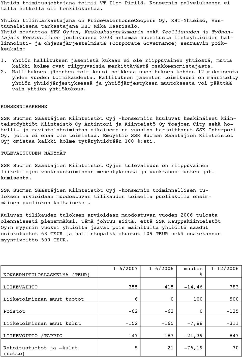 Yhtiö noudattaa HEX Oyj:n, Keskuskauppakamarin sekä Teollisuuden ja Työnantajain Keskusliiton joulukuussa 2003 antamaa suositusta listayhtiöiden hallinnointi- ja ohjausjärjestelmistä (Corporate