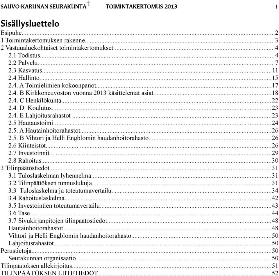 ..6.5. B Vihtori ja Helli Engblomin haudanhoitorahasto...6.6 Kiinteistöt...6.7 Investoinnit...9.8 Rahoitus...30 3 Tilinpäätöstiedot...31 3.1 Tuloslaskelman lyhennelmä...31 3. Tilinpäätöksen tunnuslukuja.
