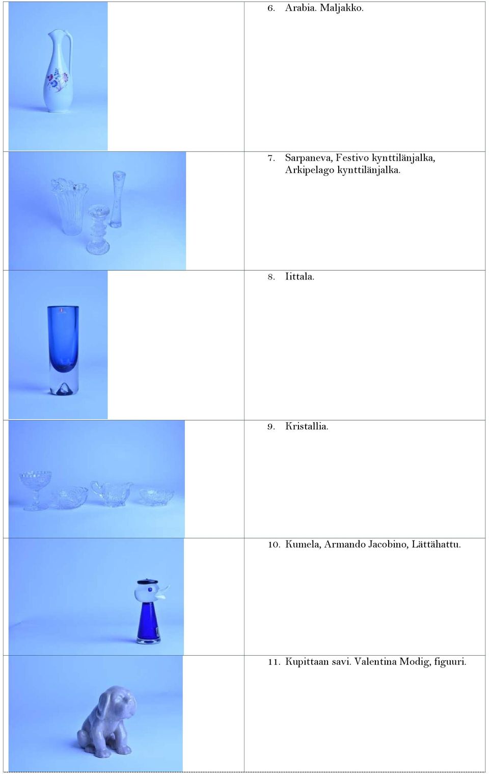 kynttilänjalka. 8. Iittala. 9. Kristallia. 10.