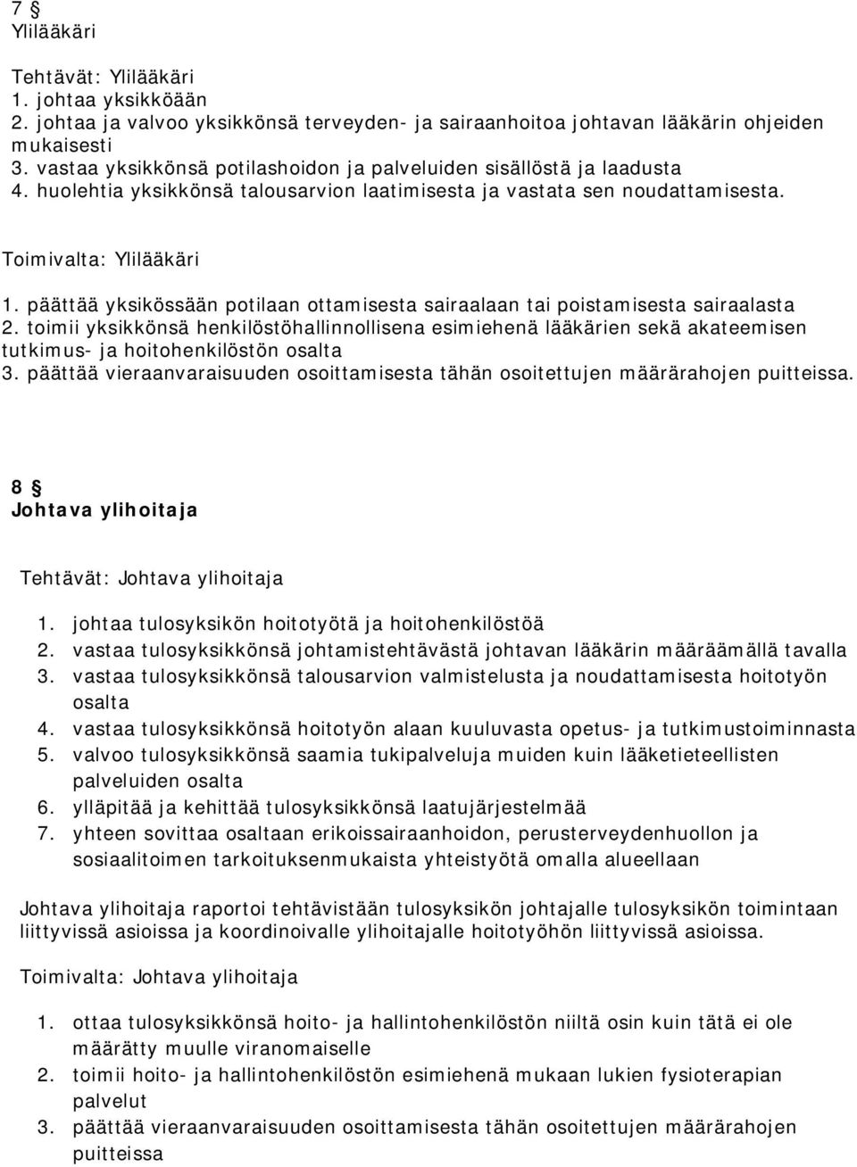 päättää yksikössään potilaan ottamisesta sairaalaan tai poistamisesta sairaalasta 2.