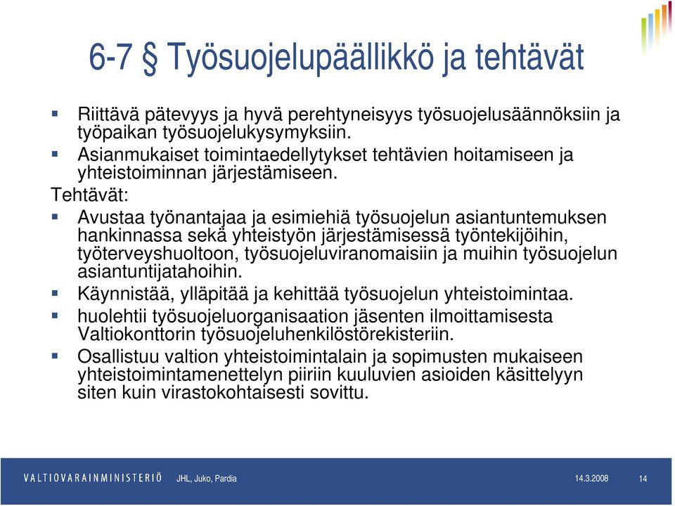 Tehtävät: Avustaa työnantajaa ja esimiehiä työsuojelun asiantuntemuksen hankinnassa sekä yhteistyön järjestämisessä työntekijöihin, työterveyshuoltoon, työsuojeluviranomaisiin ja muihin työsuojelun