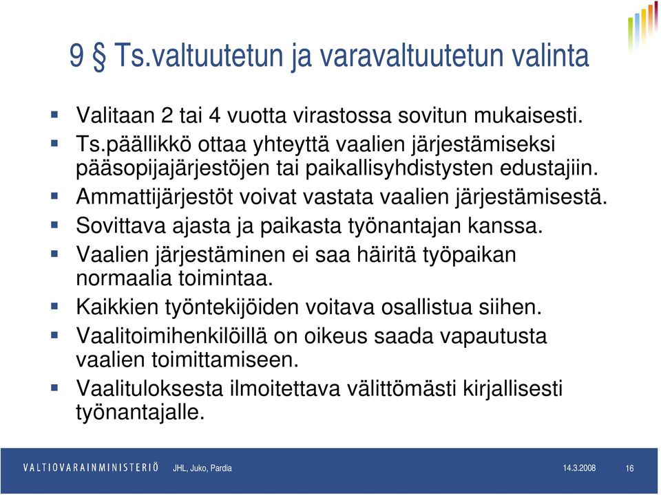 Vaalien järjestäminen ei saa häiritä työpaikan normaalia toimintaa. Kaikkien työntekijöiden voitava osallistua siihen.