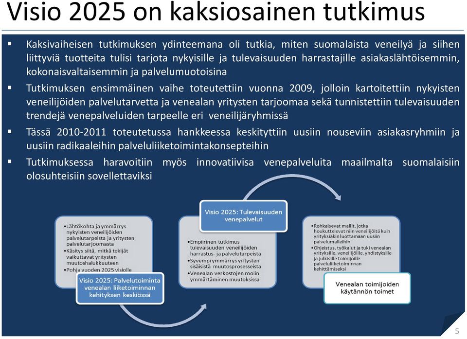 palvelutarvetta ja venealan yritysten tarjoomaa sekä tunnistettiin tulevaisuuden trendejä venepalveluiden tarpeelle eri veneilijäryhmissä Tässä 2010-2011 toteutetussa hankkeessa keskityttiin