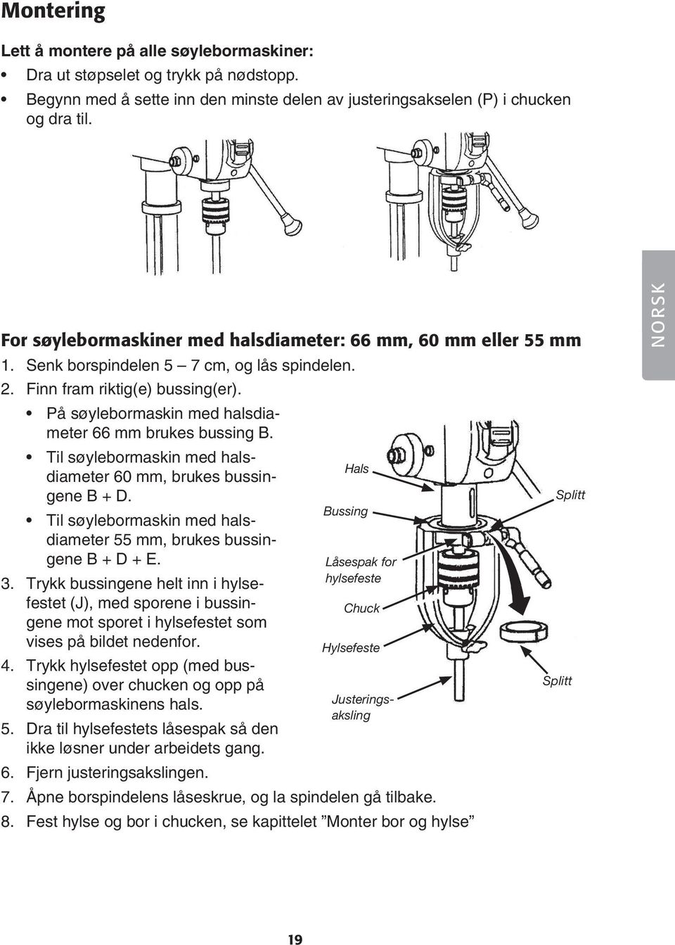 På søylebormaskin med halsdiameter 66 mm brukes bussing B. Til søylebormaskin med halsdiameter 60 mm, brukes bussin- Hals gene B + D.