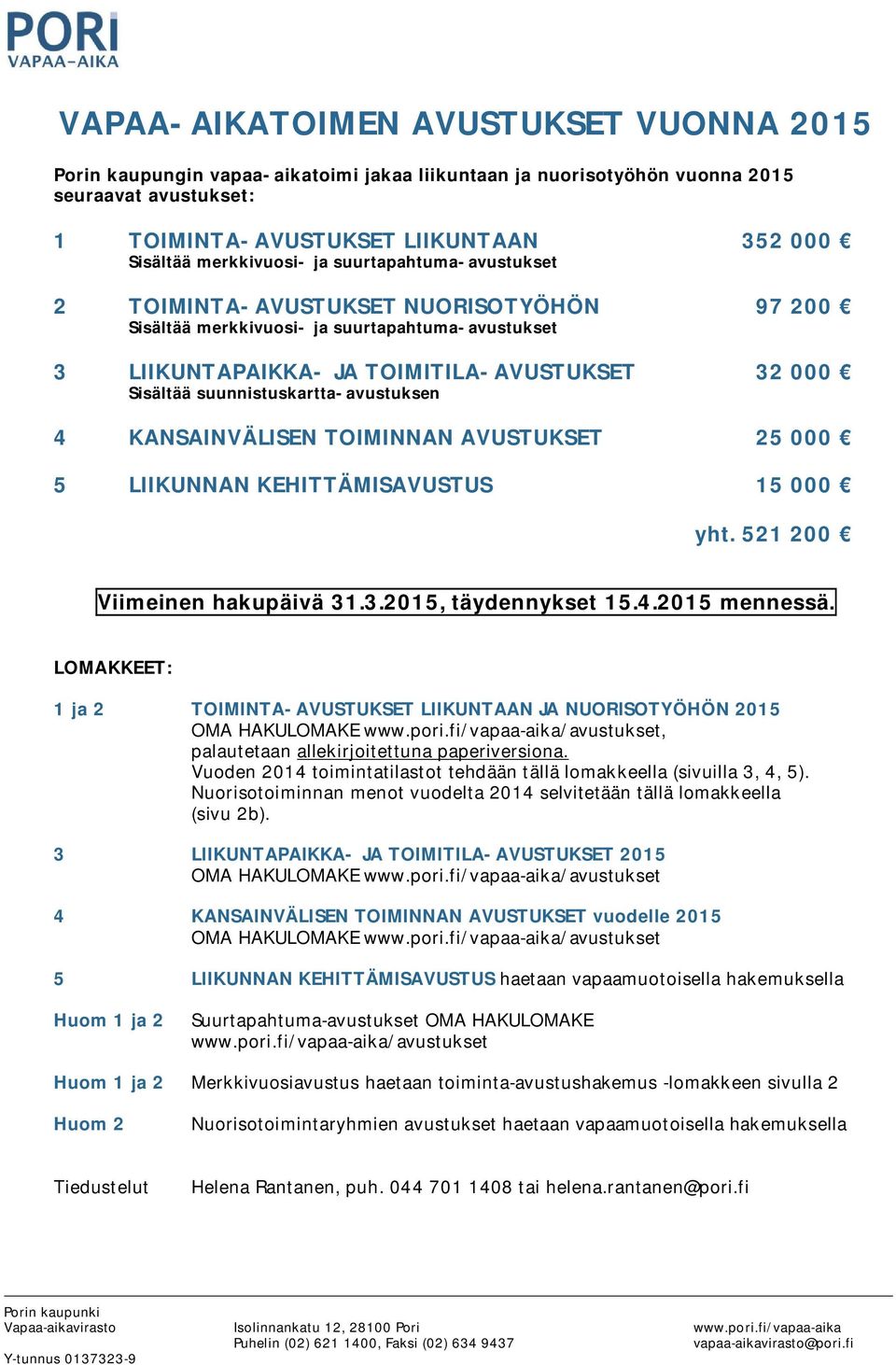 suunnistuskartta-avustuksen 4 KANSAINVÄLISEN TOIMINNAN AVUSTUKSET 25 000 5 LIIKUNNAN KEHITTÄMISAVUSTUS 15 000 yht. 521 200 Viimeinen hakupäivä 31.3.2015, täydennykset 15.4.2015 mennessä.