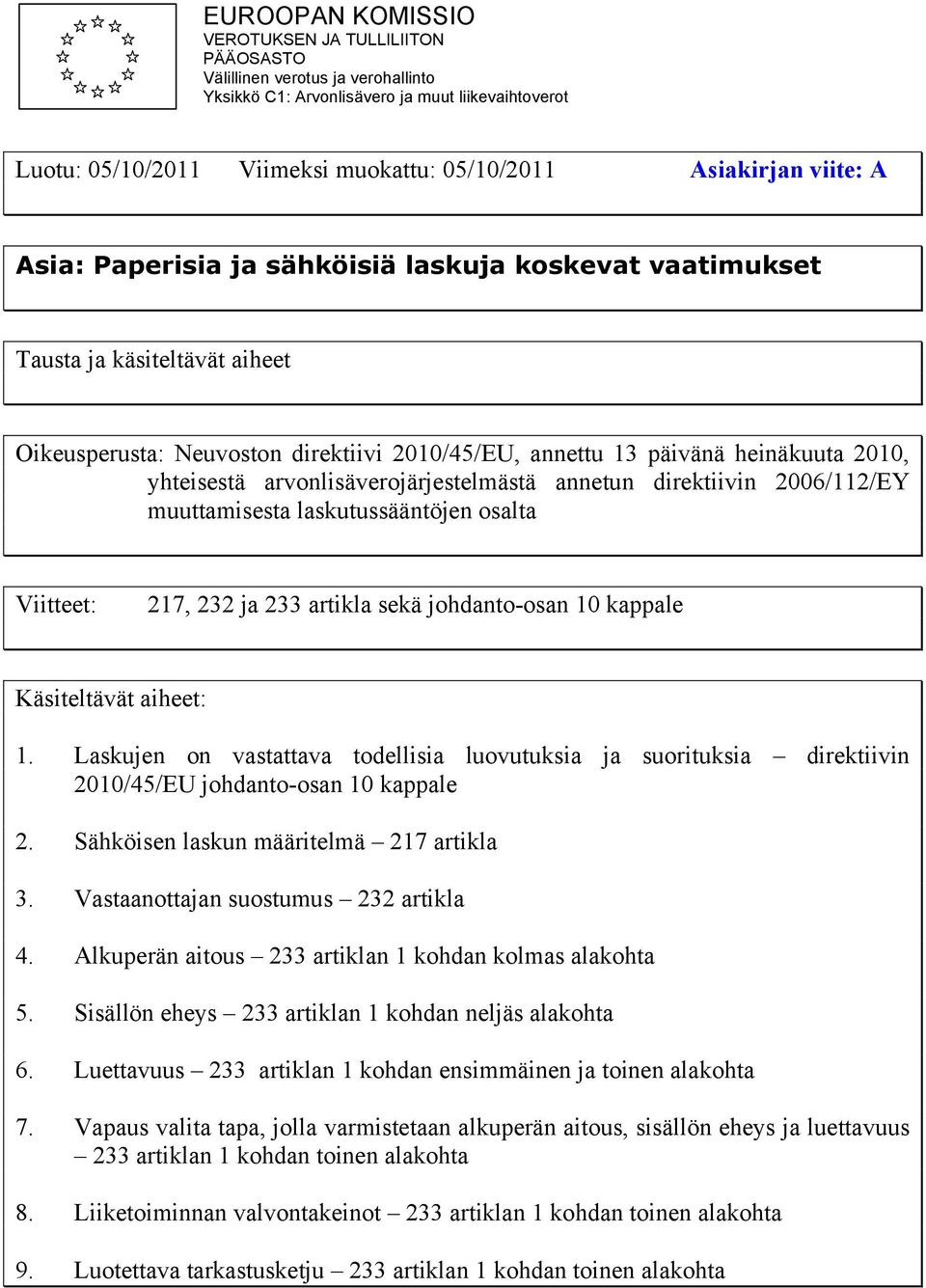 arvonlisäverojärjestelmästä annetun direktiivin 2006/112/EY muuttamisesta laskutussääntöjen osalta Viitteet: 217, 232 ja 233 artikla sekä johdanto-osan 10 kappale Käsiteltävät aiheet: 1.