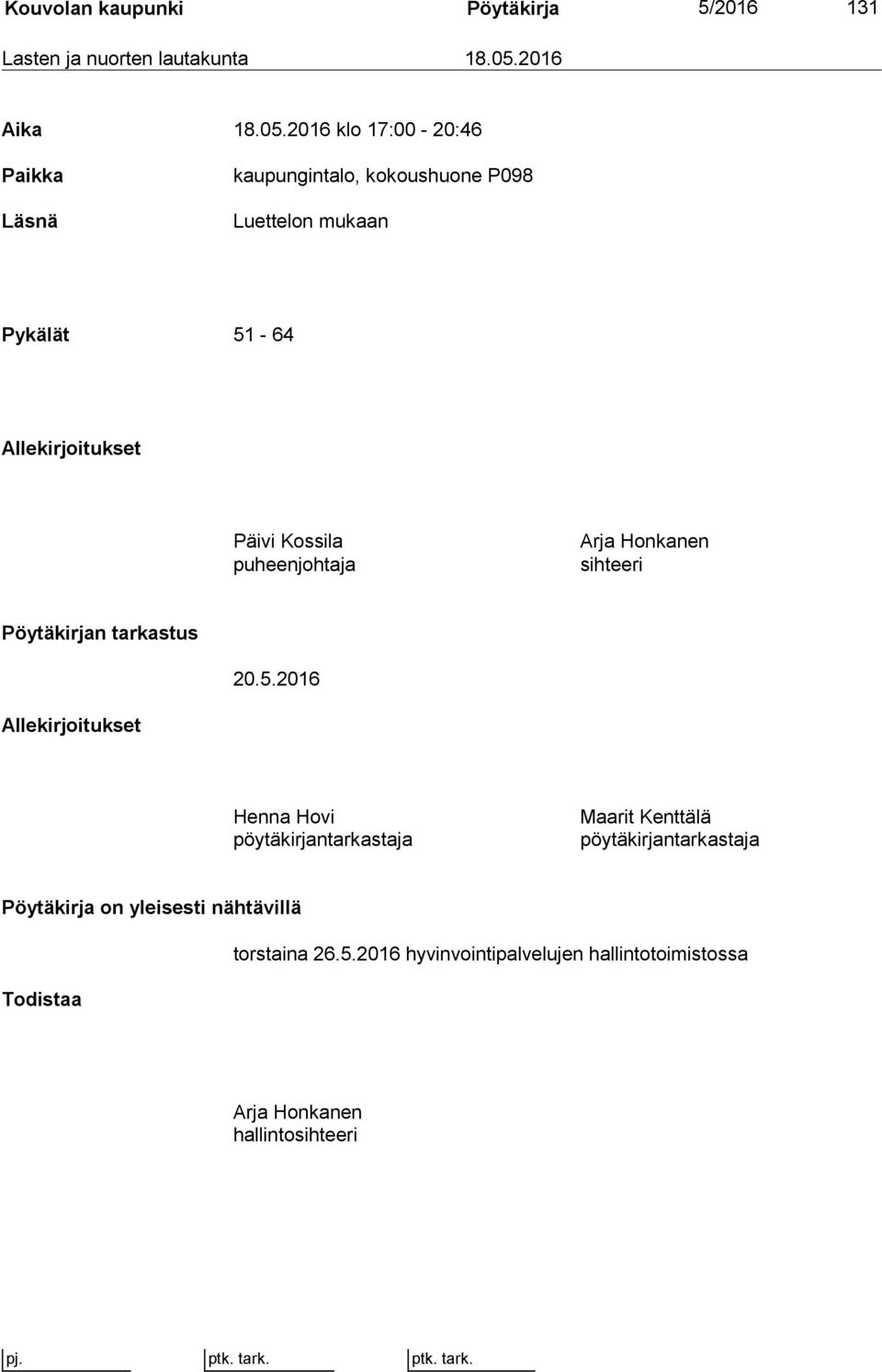 2016 klo 17:00-20:46 Paikka Läsnä kaupungintalo, kokoushuone P098 Luettelon mukaan Pykälät 51-64 Allekirjoitukset Päivi Kossila