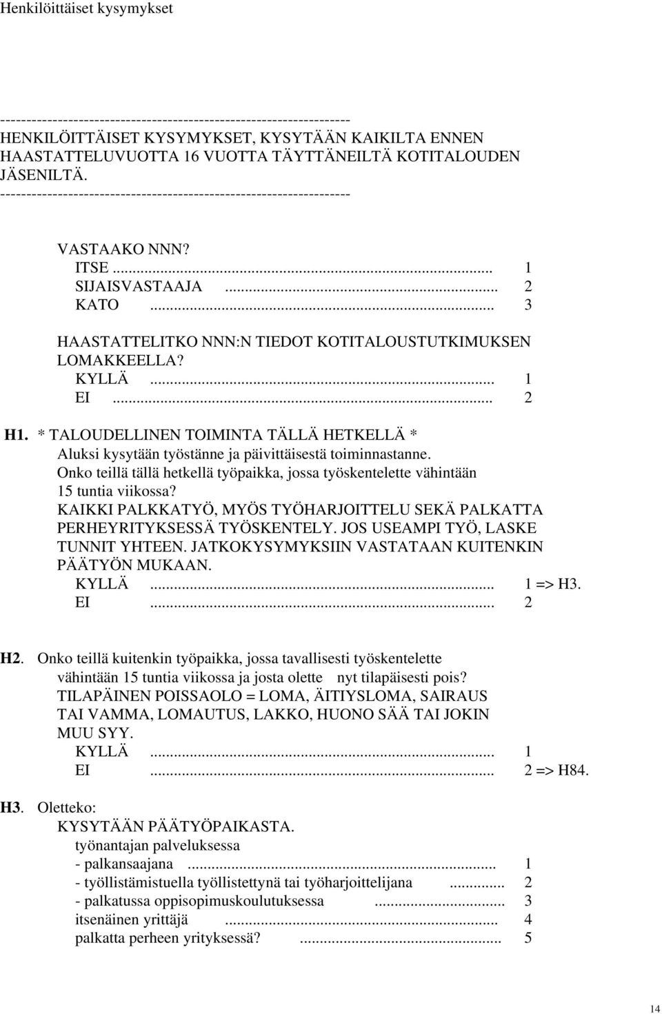 .. 3 HAASTATTELITKO NNN:N TIEDOT KOTITALOUSTUTKIMUKSEN LOMAKKEELLA? EI... 2 H1. * TALOUDELLINEN TOIMINTA TÄLLÄ HETKELLÄ * Aluksi kysytään työstänne ja päivittäisestä toiminnastanne.