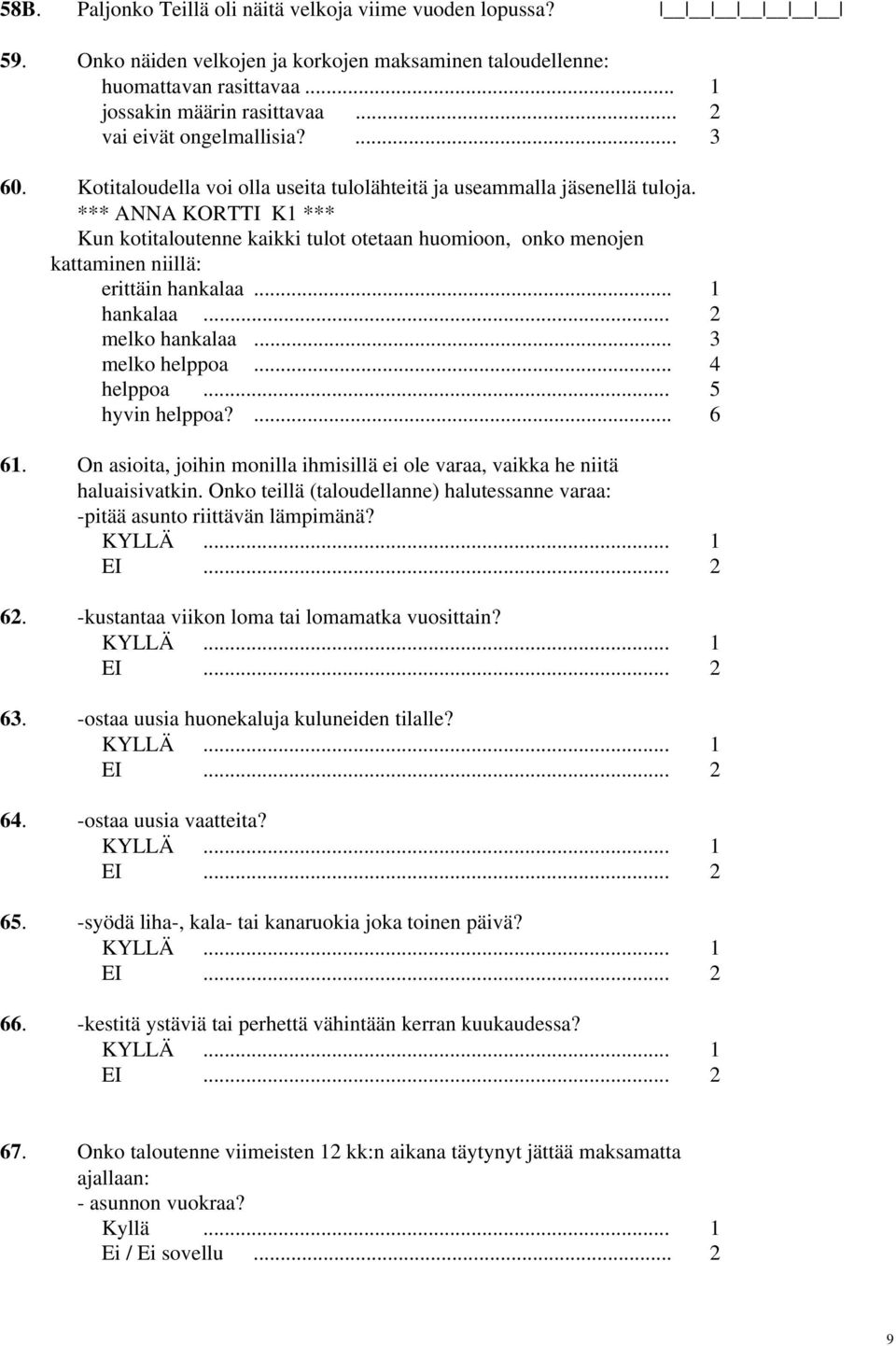 *** ANNA KORTTI K1 *** Kun kotitaloutenne kaikki tulot otetaan huomioon, onko menojen kattaminen niillä: erittäin hankalaa... 1 hankalaa... 2 melko hankalaa... 3 melko helppoa... 4 helppoa.