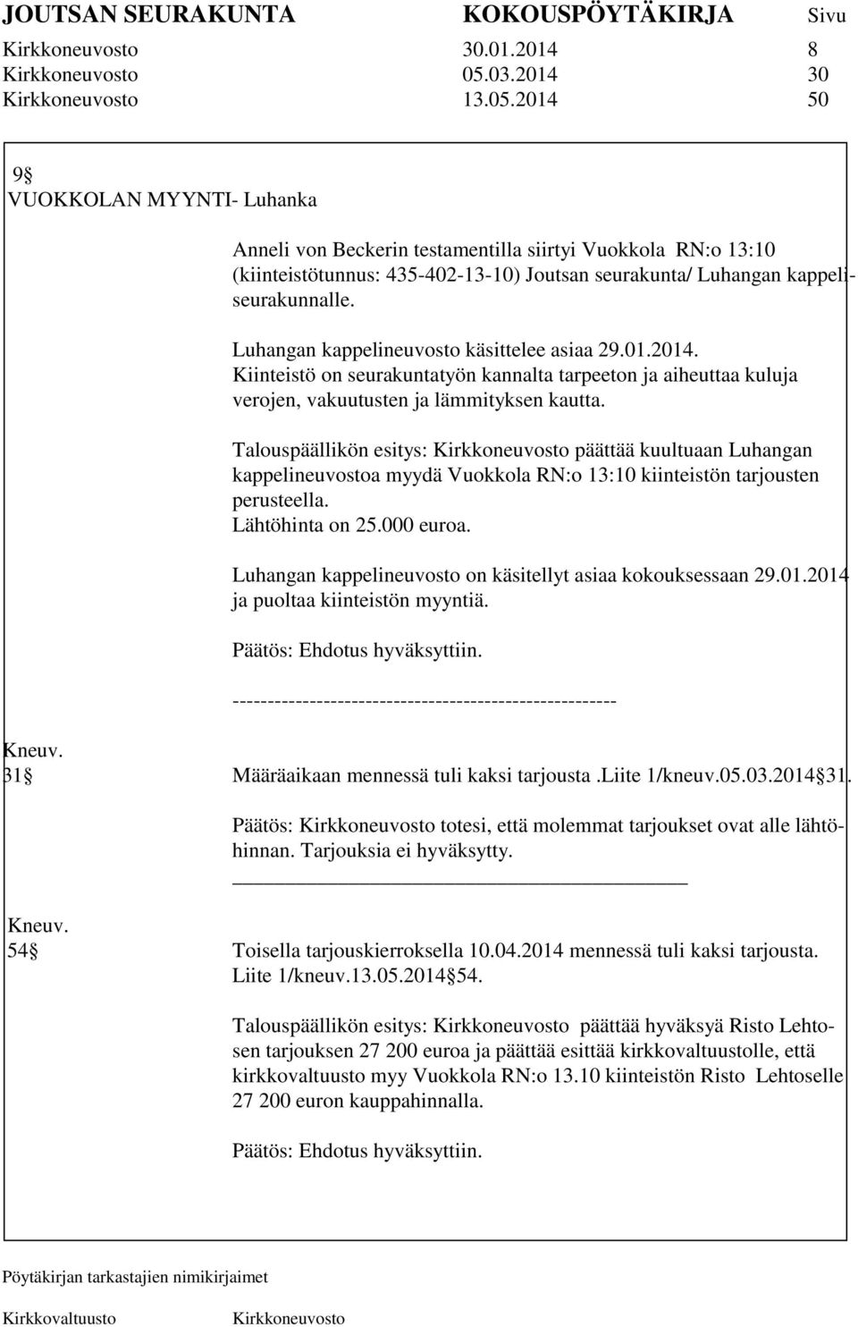 Talouspäällikön esitys: päättää kuultuaan Luhangan kappelineuvostoa myydä Vuokkola RN:o 13:10 kiinteistön tarjousten perusteella. Lähtöhinta on 25.000 euroa.