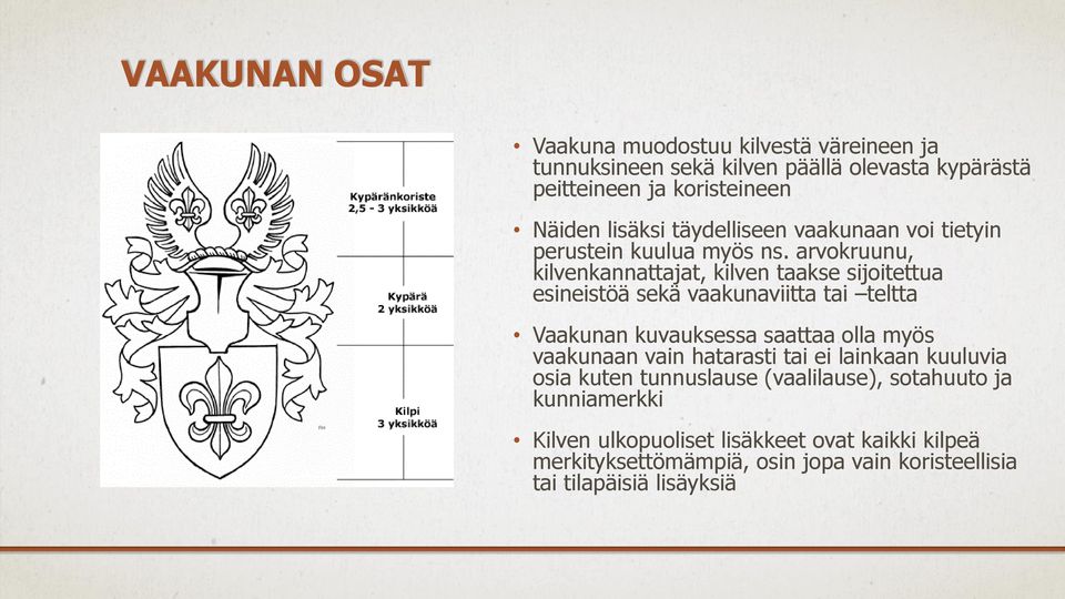 arvokruunu, kilvenkannattajat, kilven taakse sijoitettua esineistöä sekä vaakunaviitta tai teltta Vaakunan kuvauksessa saattaa olla myös