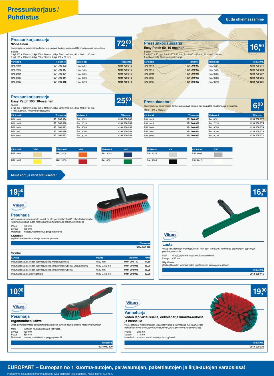 200 x 50 mm, 2 kpl 00 x 50 mm, leikkausmalli, 0 rasvanpoistotyynyä 6, 50 RAL 04 23 700 022 RAL 600 23 700 06 RAL 04 23 700 043 RAL 600 23 700 04 RAL 08 23 700 07 RAL 7035 23 700 05 RAL 08 23 700 038