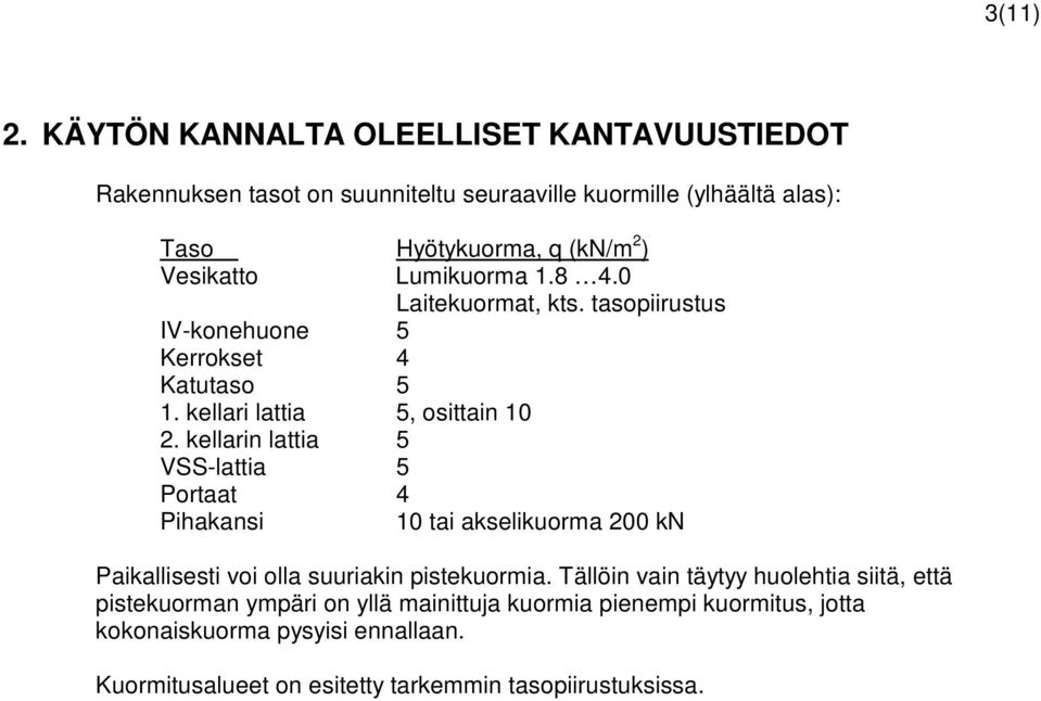 IV-konehuone 5 Kerrokset 4 Katutaso 5 1. kellari lattia 5, osittain 10 2. kellarin lattia 5 VSS-lattia 5 Lumikuorma 1.8 4.0 Laitekuormat, kts.