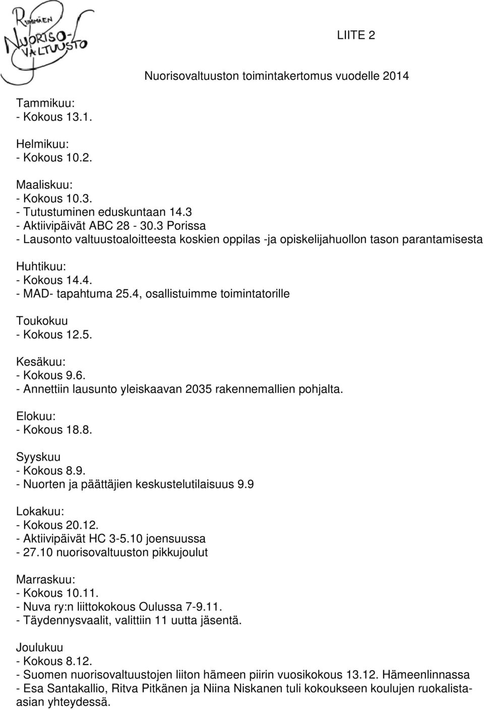 - Annettiin lausunto yleiskaavan 2035 rakennemallien pohjalta. Elokuu: 18.8. Syyskuu 8.9. - Nuorten ja päättäjien keskustelutilaisuus 9.9 Lokakuu: 20.12. - Aktiivipäivät HC 3-5.10 joensuussa - 27.