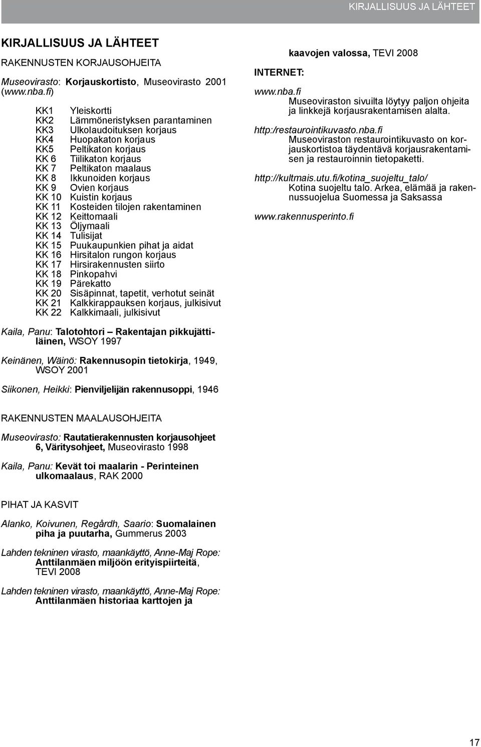 KK 9 Ovien korjaus KK 10 Kuistin korjaus KK 11 Kosteiden tilojen rakentaminen KK 12 Keittomaali KK 13 Öljymaali KK 14 Tulisijat KK 15 Puukaupunkien pihat ja aidat KK 16 Hirsitalon rungon korjaus KK