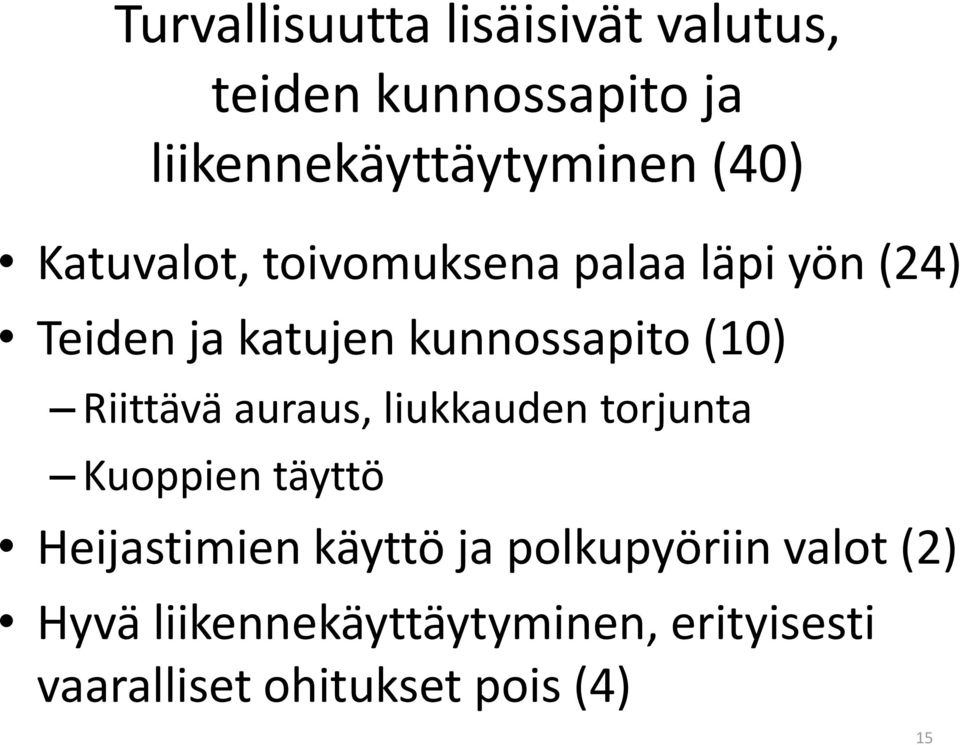 Riittävä auraus, liukkauden torjunta Kuoppien täyttö Heijastimien käyttö ja