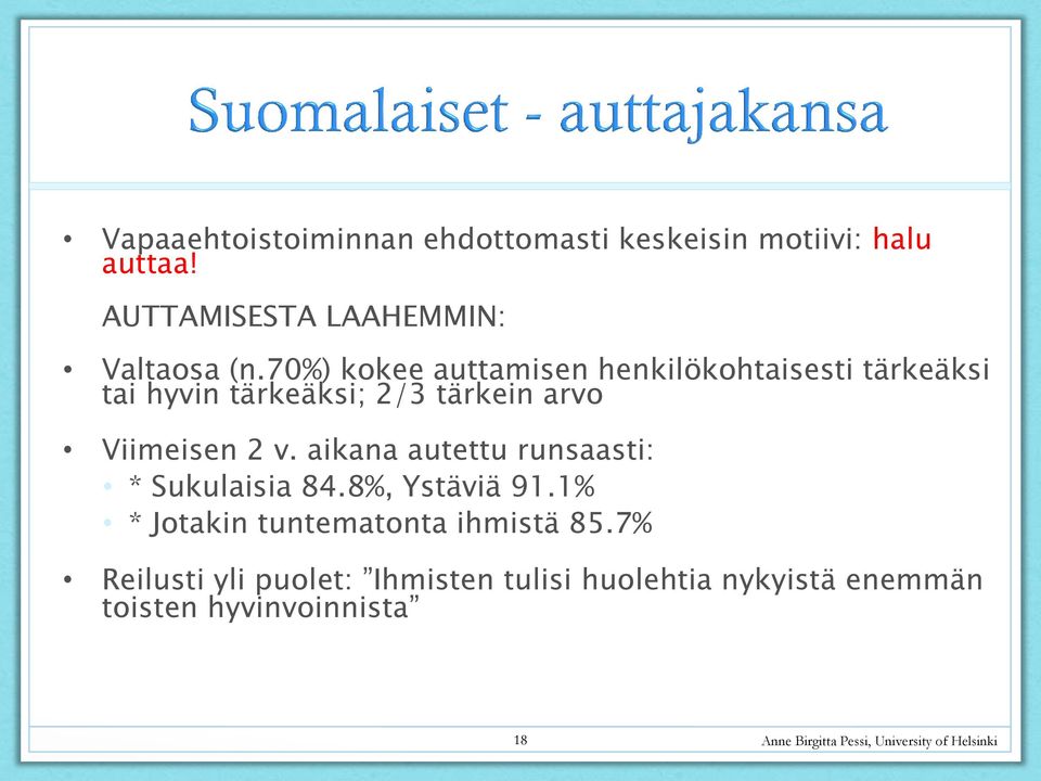 70%) kokee auttamisen henkilökohtaisesti tärkeäksi tai hyvin tärkeäksi; 2/3 tärkein arvo