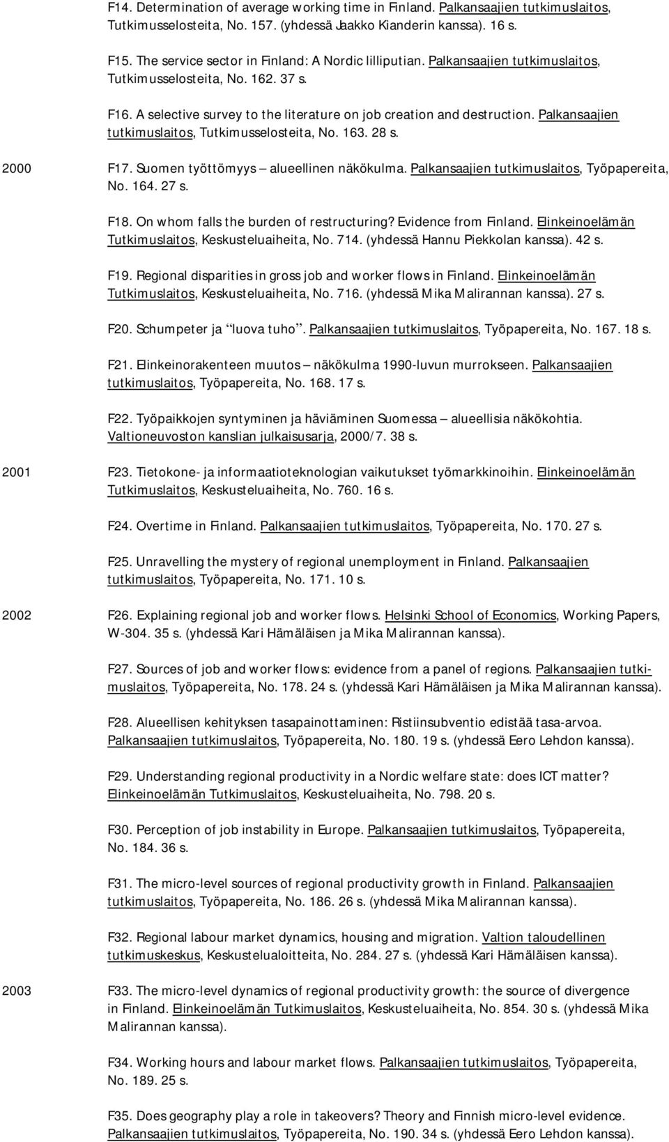 Palkansaajien tutkimuslaitos, Tutkimusselosteita, No. 163. 28 s. 2000 F17. Suomen työttömyys alueellinen näkökulma. Palkansaajien tutkimuslaitos, Työpapereita, No. 164. 27 s. F18.