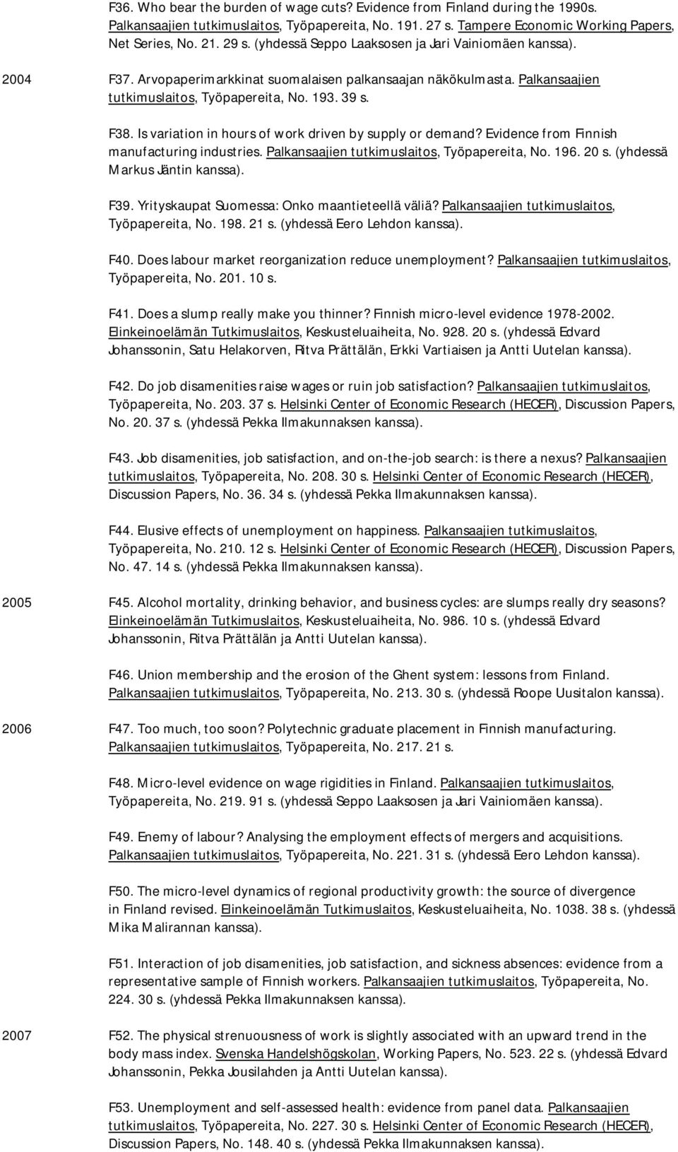 Is variation in hours of work driven by supply or demand? Evidence from Finnish manufacturing industries. Palkansaajien tutkimuslaitos, Työpapereita, No. 196. 20 s. (yhdessä Markus Jäntin F39.