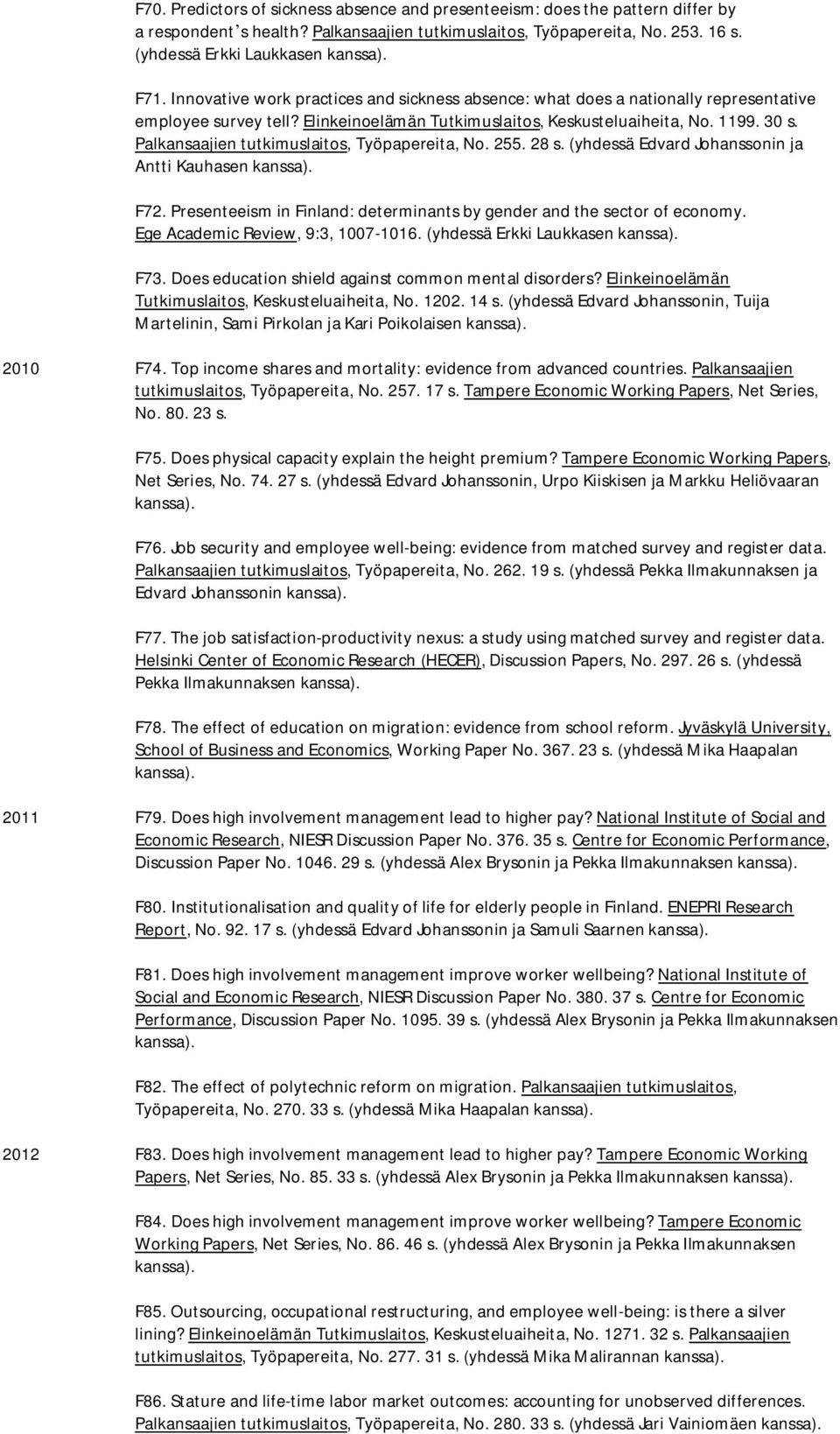 Palkansaajien tutkimuslaitos, Työpapereita, No. 255. 28 s. (yhdessä Edvard Johanssonin ja Antti Kauhasen F72. Presenteeism in Finland: determinants by gender and the sector of economy.