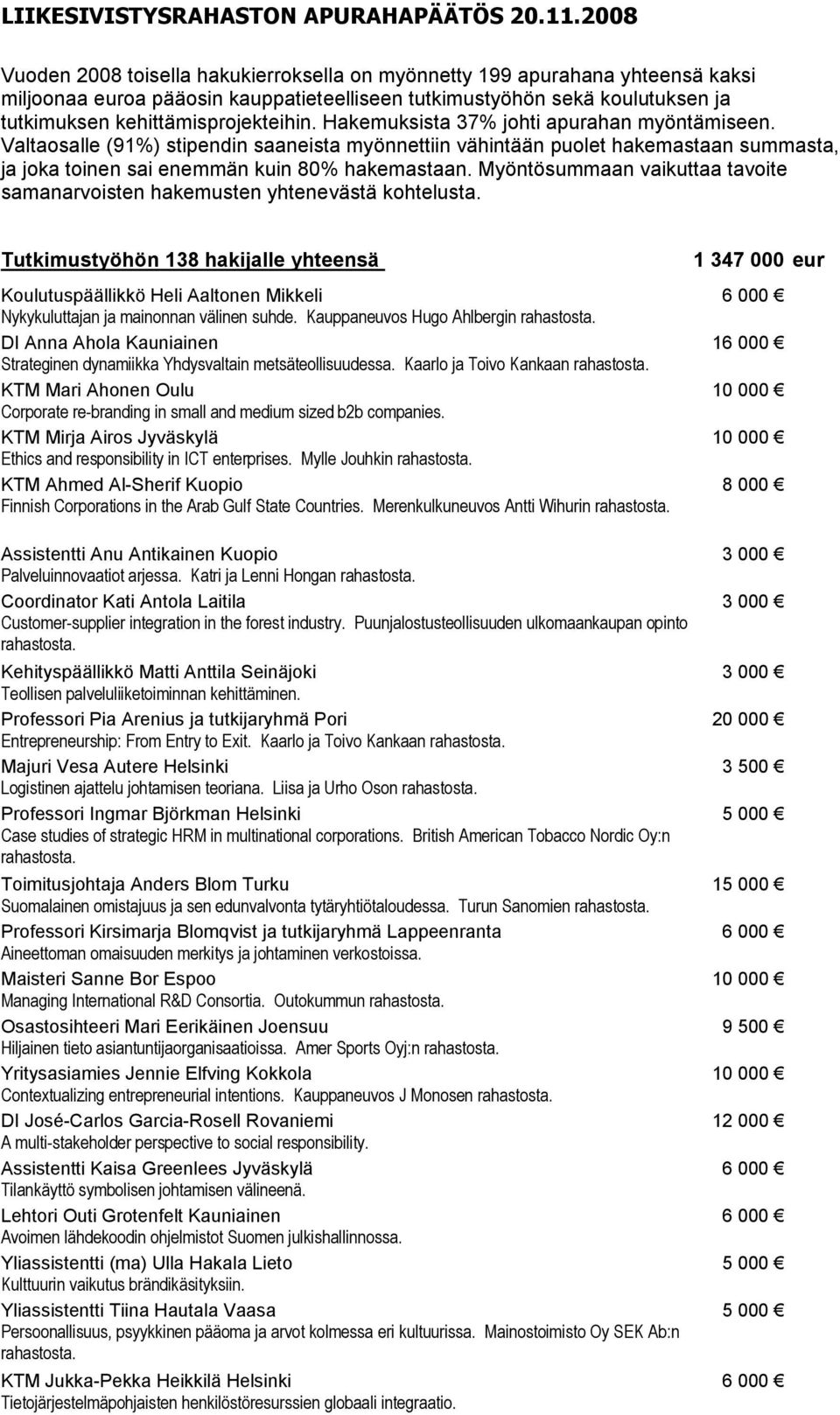 Hakemuksista 37% johti apurahan myöntämiseen. Valtaosalle (91%) stipendin saaneista myönnettiin vähintään puolet hakemastaan summasta, ja joka toinen sai enemmän kuin 80% hakemastaan.