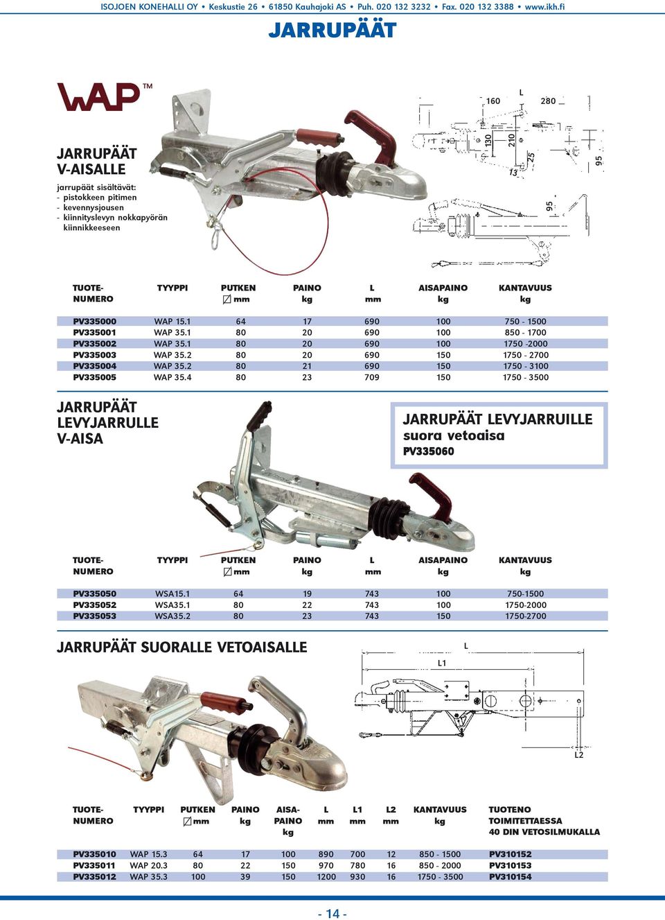 PAINO L AISAPAINO KANTAVUUS NUMERO mm kg mm kg kg 160 PV335000 WAP 15.1 64 17 690 100 750-1500 PV335001 WAP 35.1 80 20 690 100 850-1700 PV335002 WAP 35.1 80 20 690 100 1750-2000 PV335003 WAP 35.