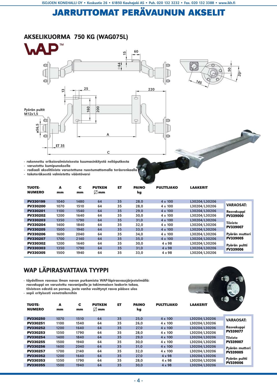 LAAKERIT NUMERO mm mm mm kg PV330199 1040 1480 64 35 28,0 4 x 100 L30204/L30206 PV330200 1070 1510 64 35 28,0 4 x 100 L30204/L30206 PV330201 1100 1540 64 35 29,0 4 x 100 L30204/L30206 PV330202 1200