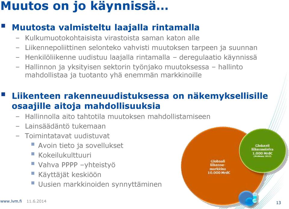 tuotanto yhä enemmän markkinoille Liikenteen rakenneuudistuksessa on näkemyksellisille osaajille aitoja mahdollisuuksia Hallinnolla aito tahtotila muutoksen