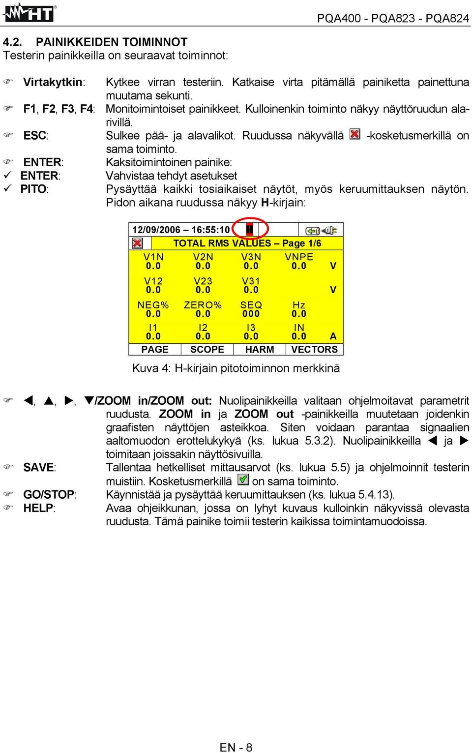 ENTER: Kaksitoimintoinen painike: ENTER: PITO: Vahvistaa tehdyt asetukset Pysäyttää kaikki tosiaikaiset näytöt, myös keruumittauksen näytön.