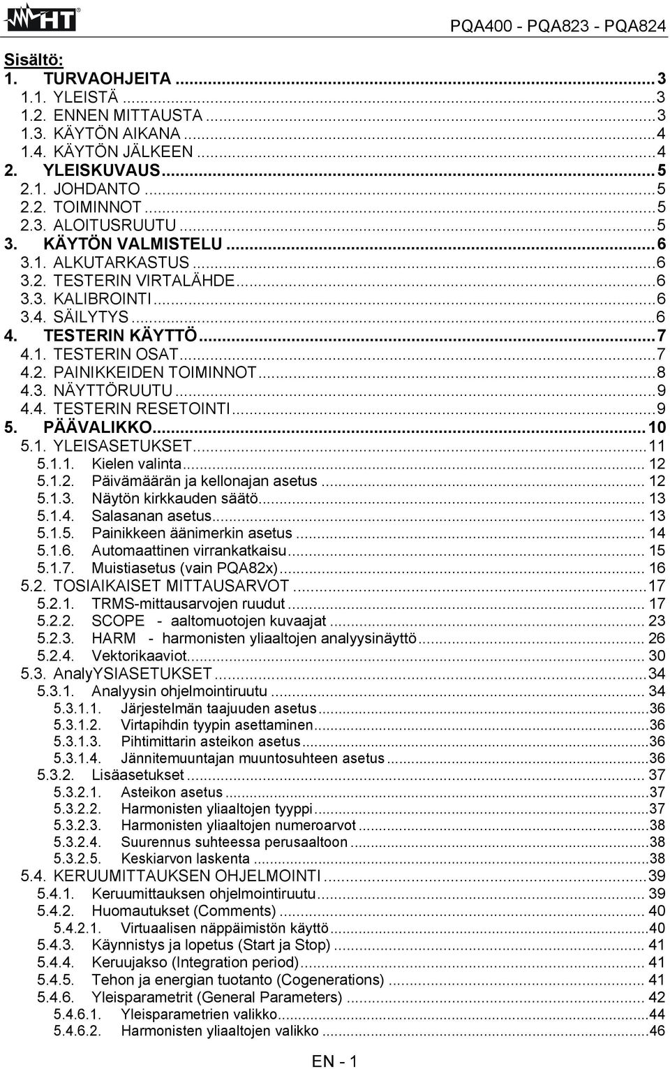 ..8 4.3. NÄYTTÖRUUTU...9 4.4. TESTERIN RESETOINTI...9 5. PÄÄVALIKKO...10 5.1. YLEISASETUKSET...11 5.1.1. Kielen valinta... 12 5.1.2. Päivämäärän ja kellonajan asetus... 12 5.1.3. Näytön kirkkauden säätö.