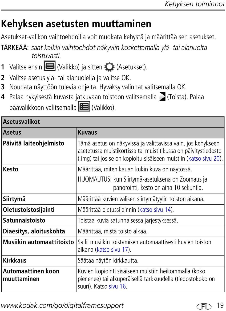 3 Noudata näyttöön tulevia ohjeita. Hyväksy valinnat valitsemalla OK. 4 Palaa nykyisestä kuvasta jatkuvaan toistoon valitsemalla (Toista). Palaa päävalikkoon valitsemalla (Valikko).