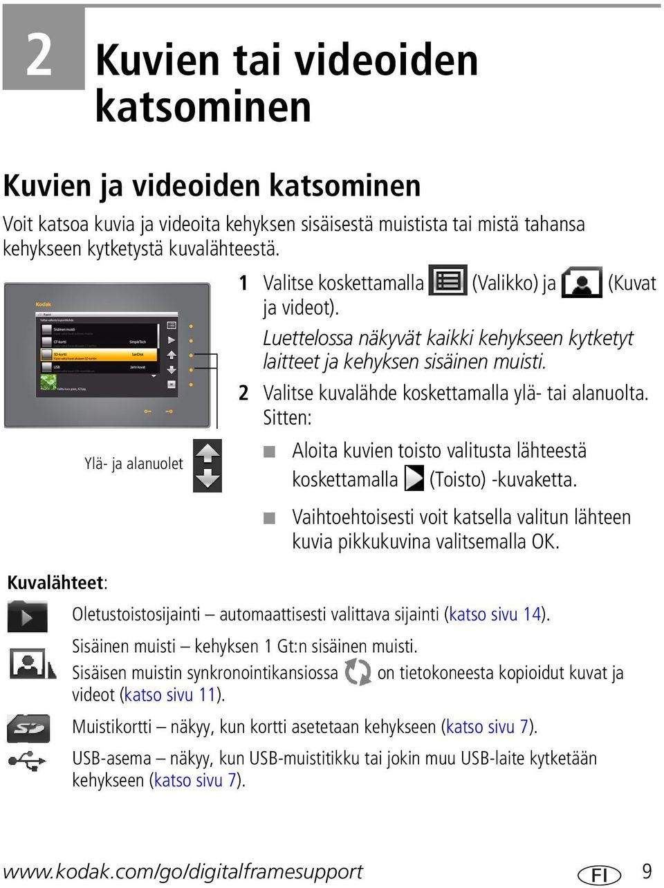 Sitten: Ylä- ja alanuolet Aloita kuvien toisto valitusta lähteestä koskettamalla (Toisto) -kuvaketta. Vaihtoehtoisesti voit katsella valitun lähteen kuvia pikkukuvina valitsemalla OK.