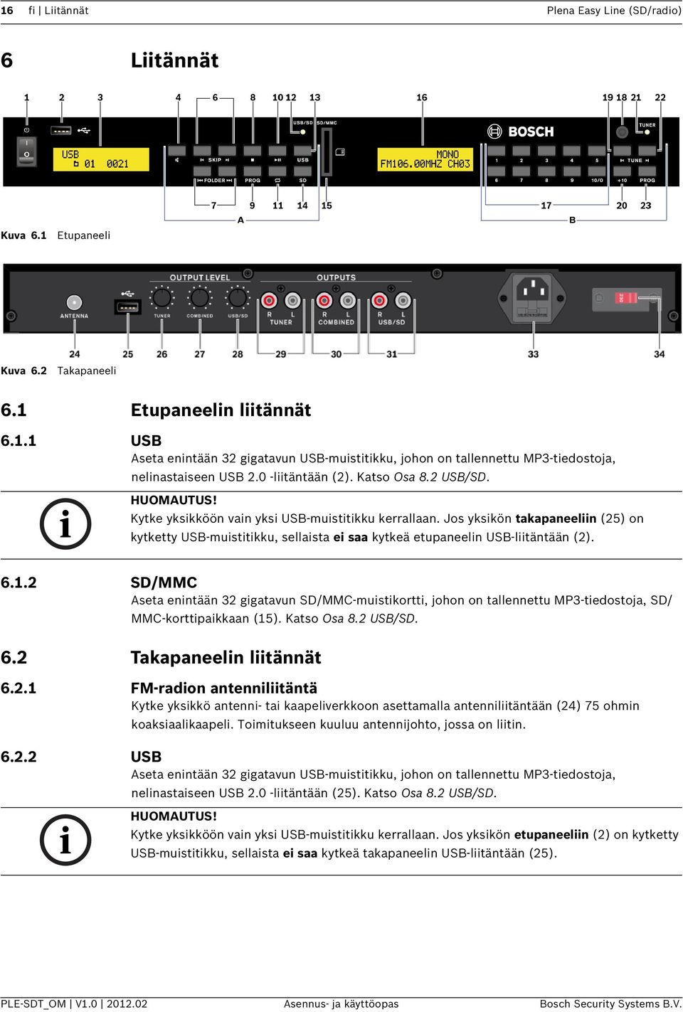 Jos yksikön takapaneeliin (25) on kytketty USB-muistitikku, sellaista ei saa kytkeä etupaneelin USB-liitäntään (2). 6.1.