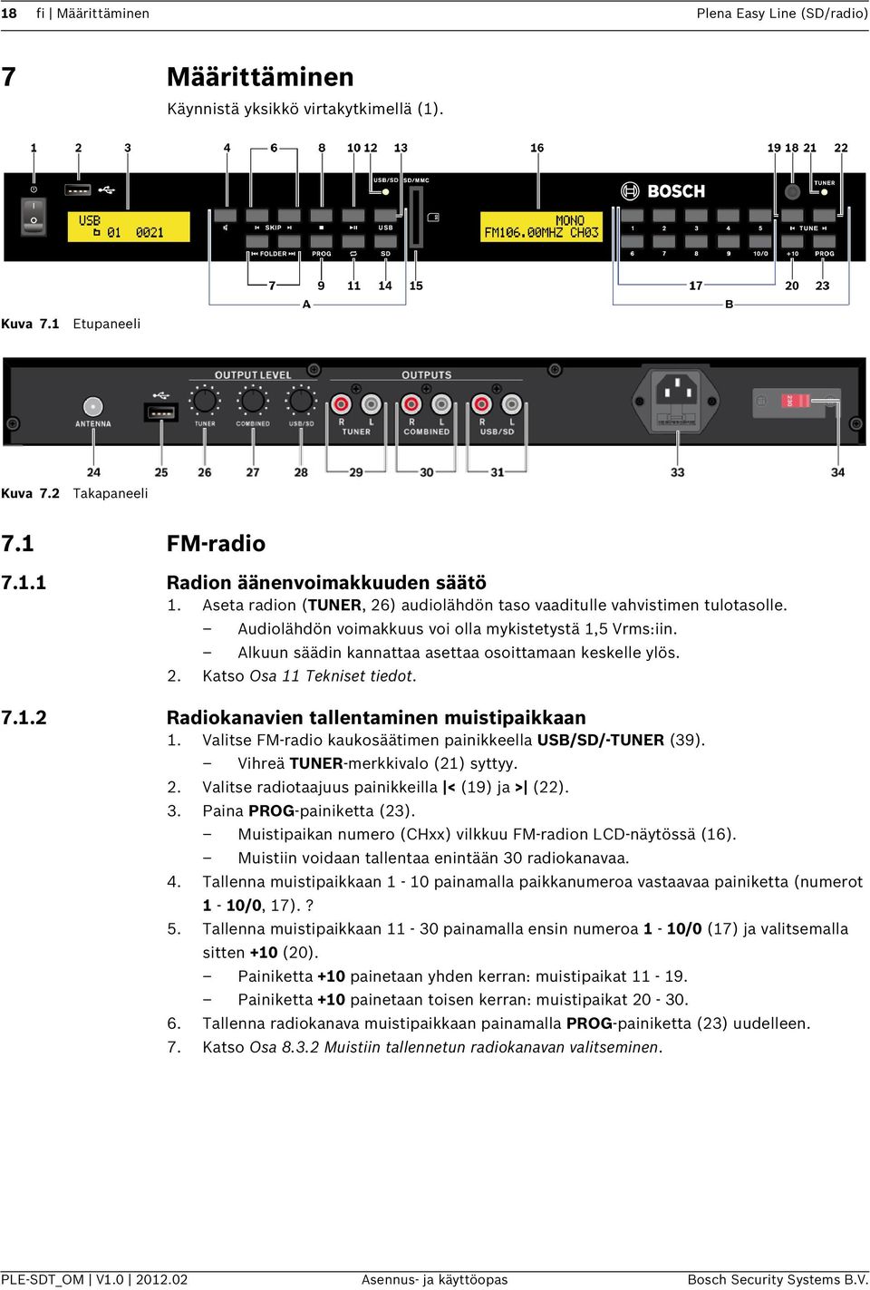 7.1.2 Radiokanavien tallentaminen muistipaikkaan 1. Valitse FM-radio kaukosäätimen painikkeella USB/SD/-TUNER (39). Vihreä TUNER-merkkivalo (21) syttyy. 2.