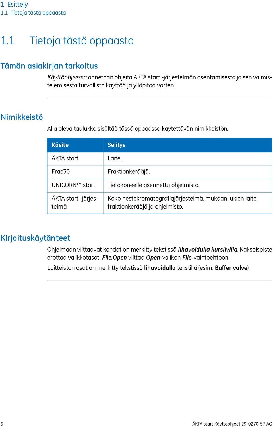 Nimikkeistö Alla oleva taulukko sisältää tässä oppaassa käytettävän nimikkeistön. Käsite ÄKTA start Frac30 UNICORN start ÄKTA start -järjestelmä Selitys Laite. Fraktionkerääjä.