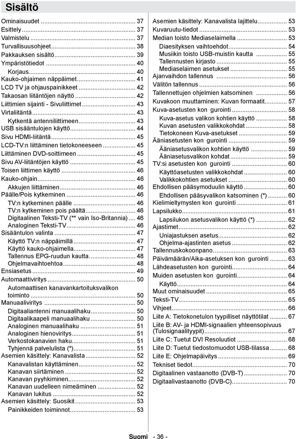 .. 44 Sivu HDMI-liitäntä... 45 LCD-TV:n liittäminen tietokoneeseen... 45 Liittäminen DVD-soittimeen... 45 Sivu AV-liitäntöjen käyttö... 45 Toisen liittimen käyttö... 46 Kauko-ohjain.