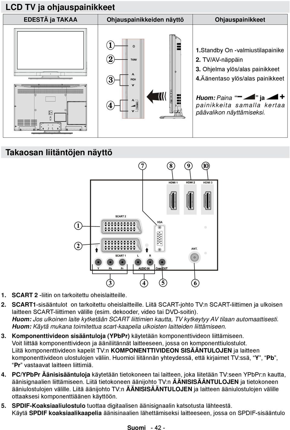 Liitä SCART-johto TV:n SCART-liittimen ja ulkoisen laitteen SCART-liittimen välille (esim. dekooder, video tai DVD-soitin).