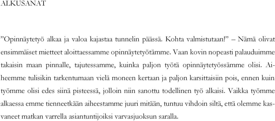 Aiheemme tulisikin tarkentumaan vielä moneen kertaan ja paljon karsittaisiin pois, ennen kuin työmme olisi edes siinä pisteessä, jolloin niin sanottu
