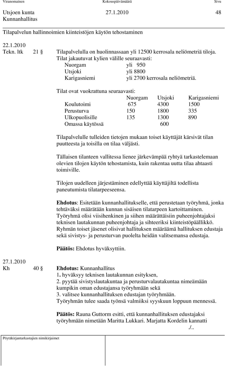 Tilat ovat vuokrattuna seuraavasti: Nuorgam Utsjoki Karigasniemi Koulutoimi 675 4300 1500 Perusturva 150 1800 335 Ulkopuolisille 135 1300 890 Omassa käytössä 600 Tilapalvelulle tulleiden tietojen