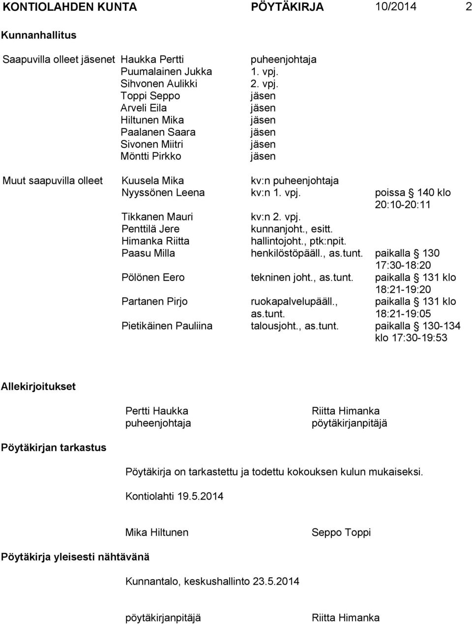 vpj. Penttilä Jere kunnanjoht., esitt. Himanka Riitta hallintojoht., ptk:npit. Paasu Milla henkilöstöpääll., as.tunt. paikalla 130 17:30-18:20 Pölönen Eero tekninen joht., as.tunt. paikalla 131 klo 18:21-19:20 Partanen Pirjo ruokapalvelupääll.