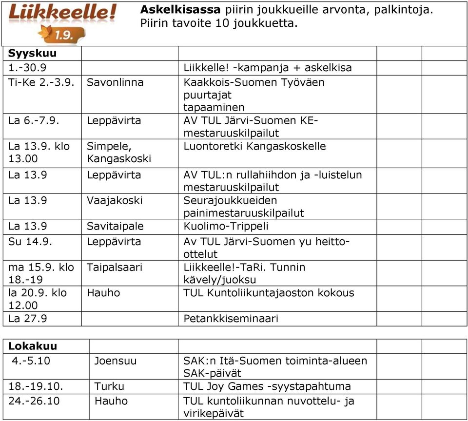 9 Leppävirta AV TUL:n rullahiihdon ja -luistelun mestaruuskilpailut La 13.9 Vaajakoski Seurajoukkueiden painimestaruuskilpailut La 13.9 Savitaipale Kuolimo-Trippeli Su 14.9. Leppävirta Av TUL Järvi-Suomen yu heittoottelut ma 15.