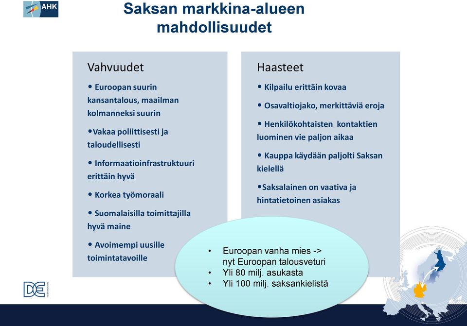 Kilpailu erittäin kovaa Osavaltiojako, merkittäviä eroja Henkilökohtaisten kontaktien luominen vie paljon aikaa Kauppa käydään paljolti Saksan