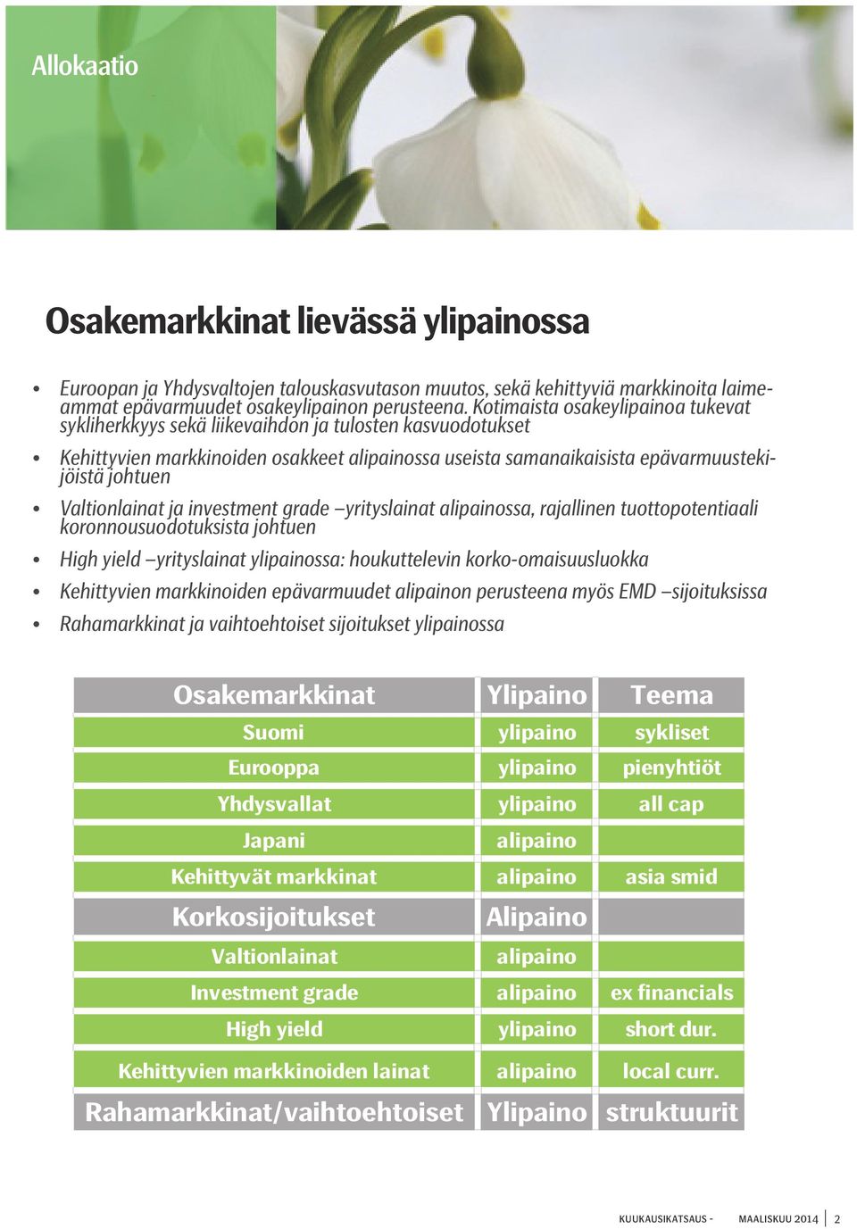 Valtionlainat ja investment grade yrityslainat alipainossa, rajallinen tuottopotentiaali koronnousuodotuksista johtuen High yield yrityslainat ylipainossa: houkuttelevin korko-omaisuusluokka