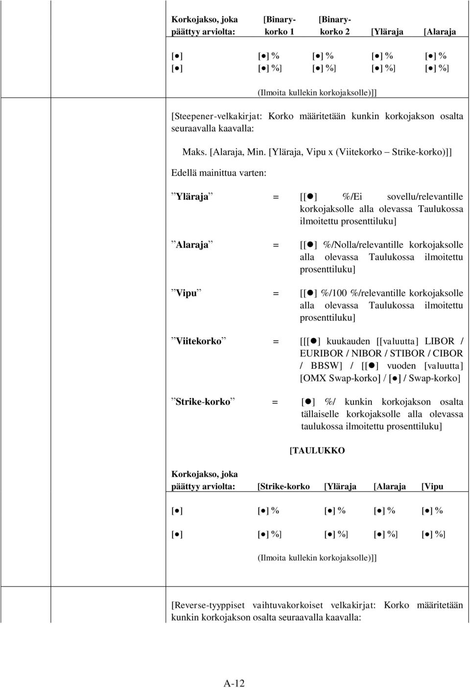 [Yläraja, Vipu x (Viitekorko Strike-korko)]] Yläraja = [[ ] %/Ei sovellu/relevantille korkojaksolle alla olevassa Taulukossa ilmoitettu Alaraja = [[ ] %/Nolla/relevantille korkojaksolle Vipu = [[ ]