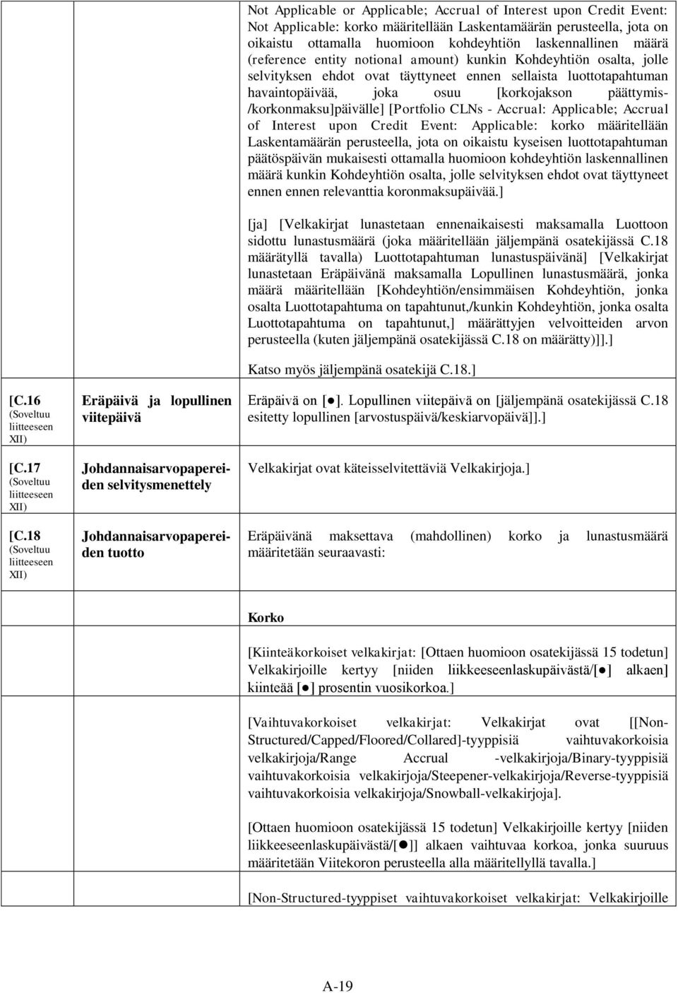 Credit Event: Not Applicable: korko määritellään Laskentamäärän perusteella, jota on oikaistu ottamalla huomioon kohdeyhtiön laskennallinen määrä (reference entity notional amount) kunkin Kohdeyhtiön