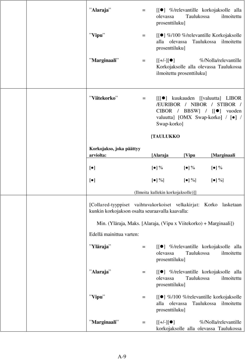 päättyy arviolta: [Alaraja [Vipu [Marginaali [ ] [ ] % [ ] % [ ] % [ ] [ ] %] [ ] %] [ ] %] [Collared-tyyppiset vaihtuvakorkoiset velkakirjat: Korko lasketaan kunkin korkojakson osalta seuraavalla