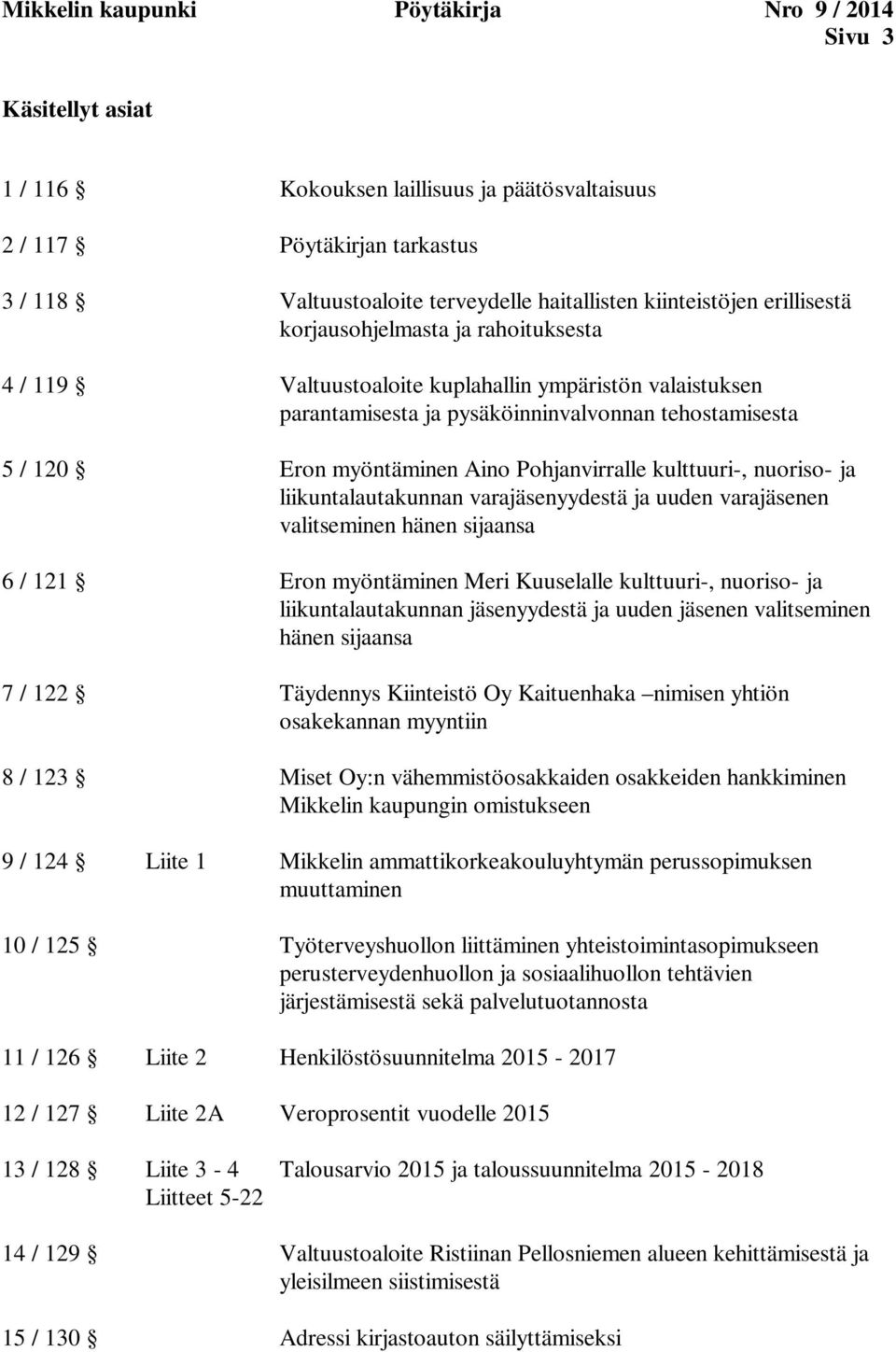 Aino Pohjanvirralle kulttuuri-, nuoriso- ja liikuntalautakunnan varajäsenyydestä ja uuden varajäsenen valitseminen hänen sijaansa 6 / 121 Eron myöntäminen Meri Kuuselalle kulttuuri-, nuoriso- ja